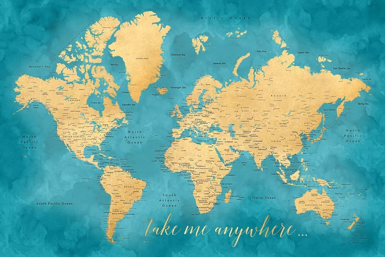 Take Me Anywhere Gold And Teal Detailed World Map