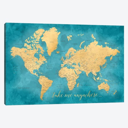 Take Me Anywhere Gold And Teal Detailed World Map Canvas Print #RLZ154} by blursbyai Canvas Artwork