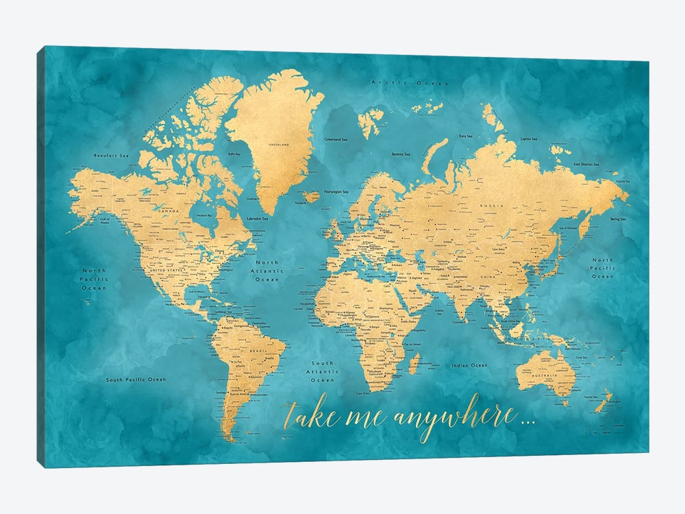 Take Me Anywhere Gold And Teal Detailed World Map by blursbyai 1-piece Canvas Wall Art