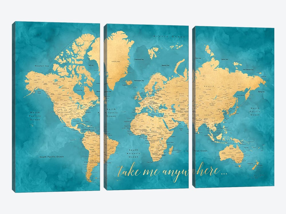 Take Me Anywhere Gold And Teal Detailed World Map by blursbyai 3-piece Canvas Wall Art