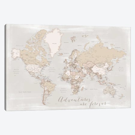 Rustic Detailed World Map Lucille, Adventures Are Forever Canvas Print #RLZ156} by blursbyai Canvas Art