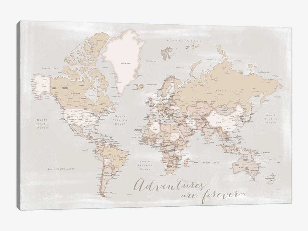 Rustic Detailed World Map Lucille, Adventures Are Forever by blursbyai 1-piece Canvas Wall Art
