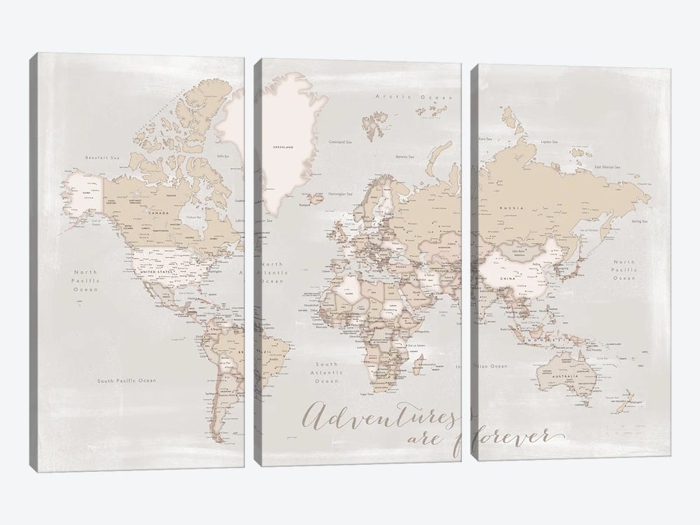 Rustic Detailed World Map Lucille, Adventures Are Forever by blursbyai 3-piece Canvas Wall Art