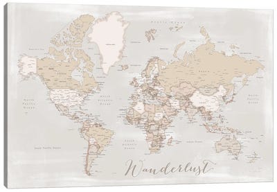 Rustic Detailed World Map Lucille, Wanderlust Canvas Art Print - Adventure Art