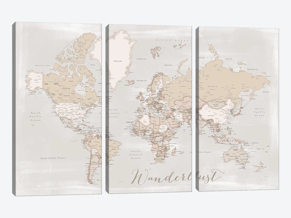Rustic Detailed World Map Lucille, Wanderlust by blursbyai 3-piece Art Print