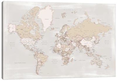 Rustic Distressed Detailed World Map With Cities, Lucille Canvas Art Print - World Map Art