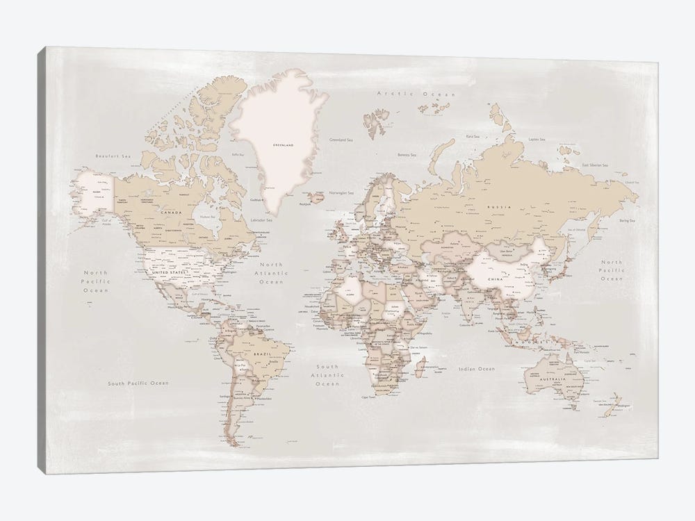 Rustic Distressed Detailed World Map With Cities, Lucille by blursbyai 1-piece Canvas Artwork