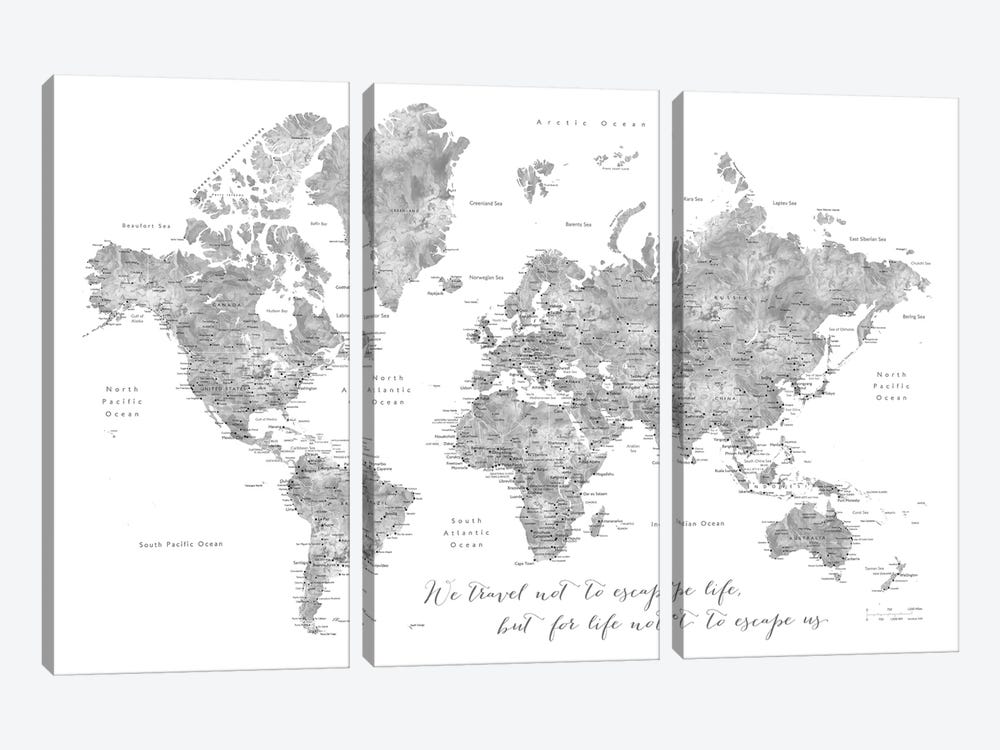 Detailed Watercolor World Map, Jimmy, Escape Life by blursbyai 3-piece Canvas Print