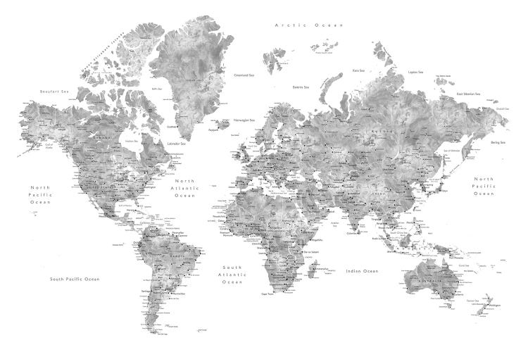 Grayscale Watercolor Detailed World Map With Cities, Jimmy