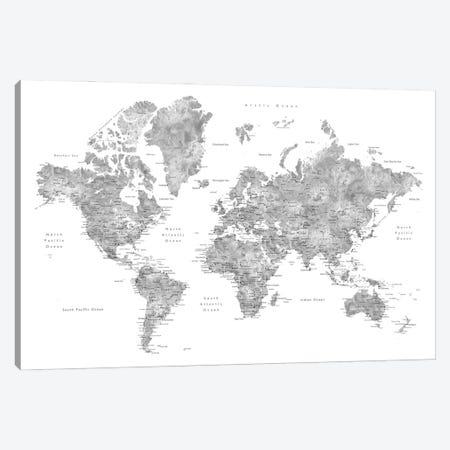 Grayscale Watercolor Detailed World Map With Cities, Jimmy Canvas Print #RLZ160} by blursbyai Canvas Artwork