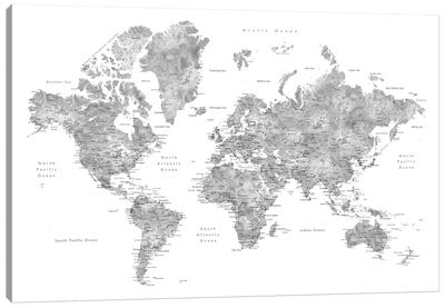 Grayscale Watercolor Detailed World Map With Cities, Jimmy Canvas Art Print - World Map Art