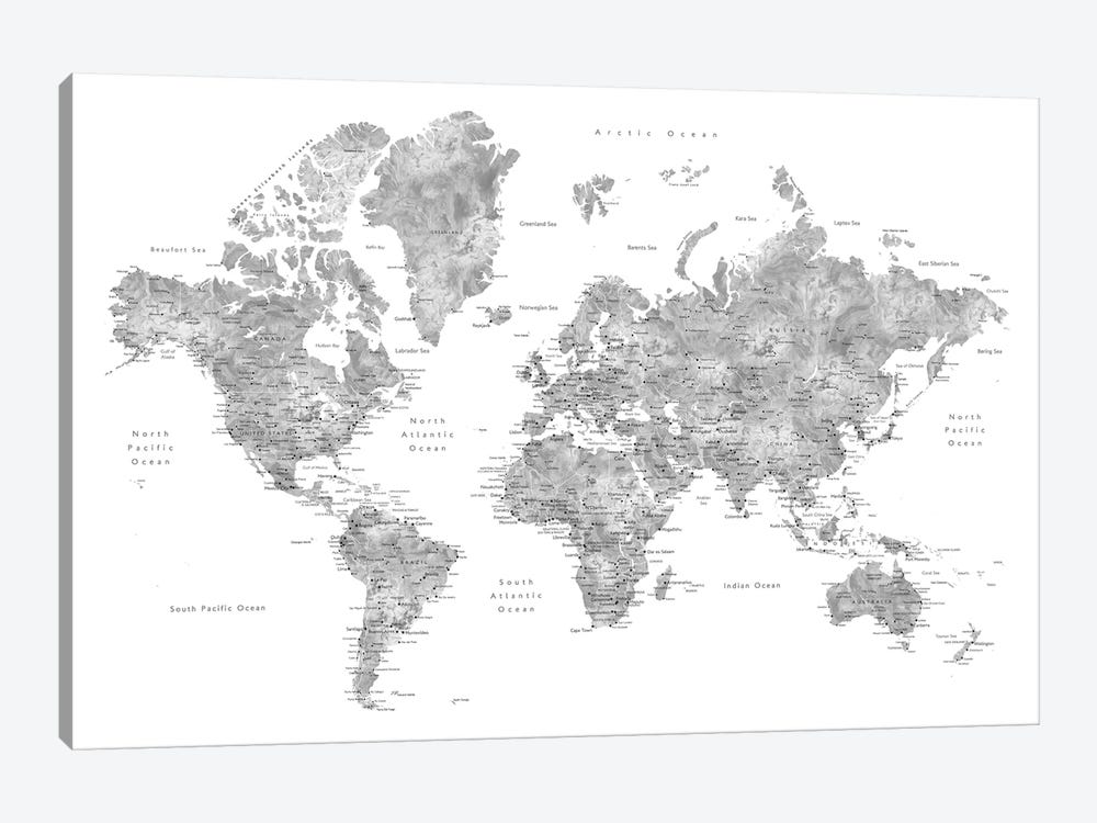 Grayscale Watercolor Detailed World Map With Cities, Jimmy by blursbyai 1-piece Art Print