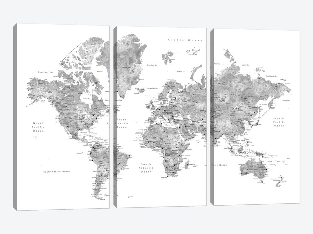 Grayscale Watercolor Detailed World Map With Cities, Jimmy by blursbyai 3-piece Art Print