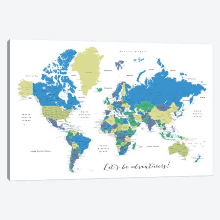 Let's Be Adventurers Detailed World Map Canvas Print #RLZ161} by blursbyai Canvas Artwork