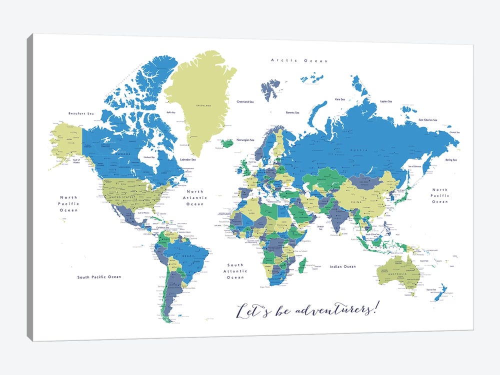 Let's Be Adventurers Detailed World Map by blursbyai 1-piece Canvas Wall Art