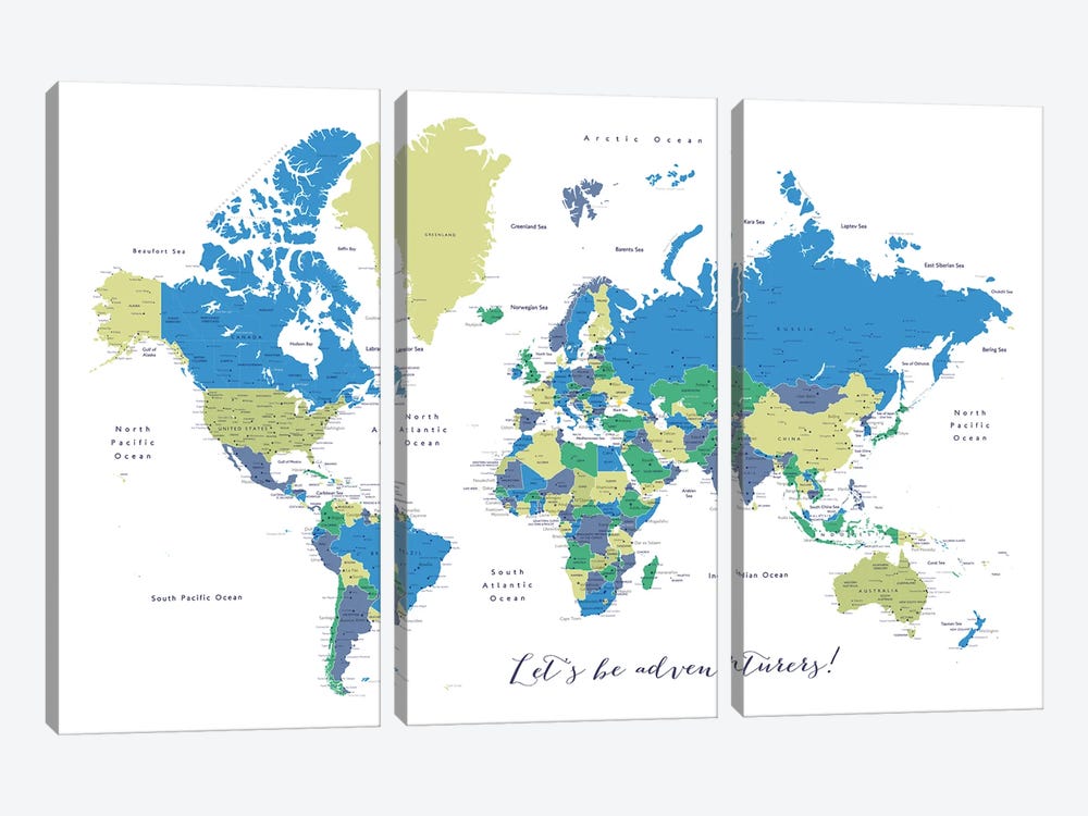 Let's Be Adventurers Detailed World Map by blursbyai 3-piece Canvas Art