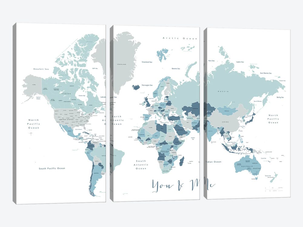You And Me World Map With Countries And States by blursbyai 3-piece Art Print