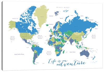 Life Is An Adventure World Map In Green And Blue Canvas Art Print - World Map Art