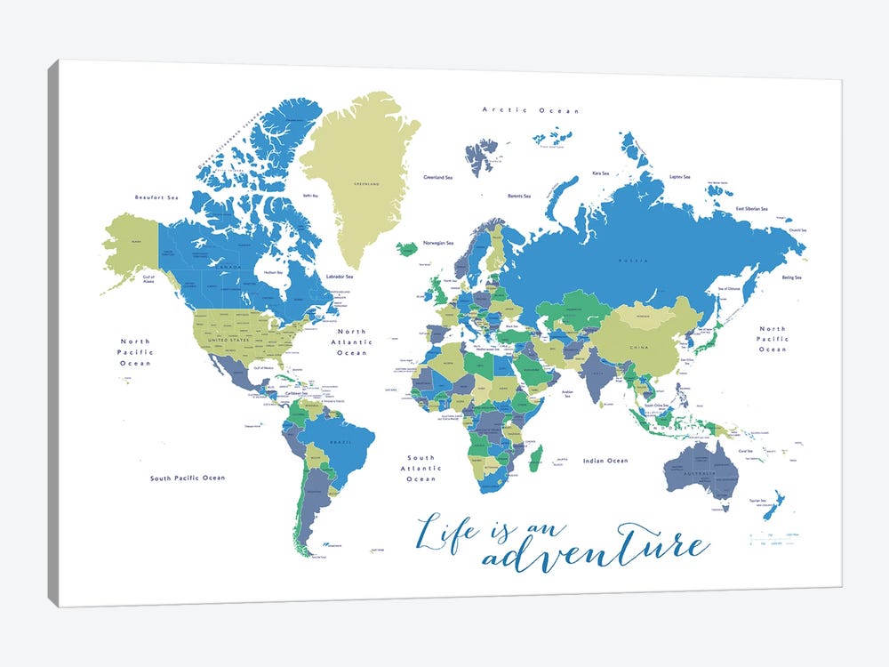 Life Is An Adventure World Map In Green And Blue by blursbyai 1-piece Canvas Art