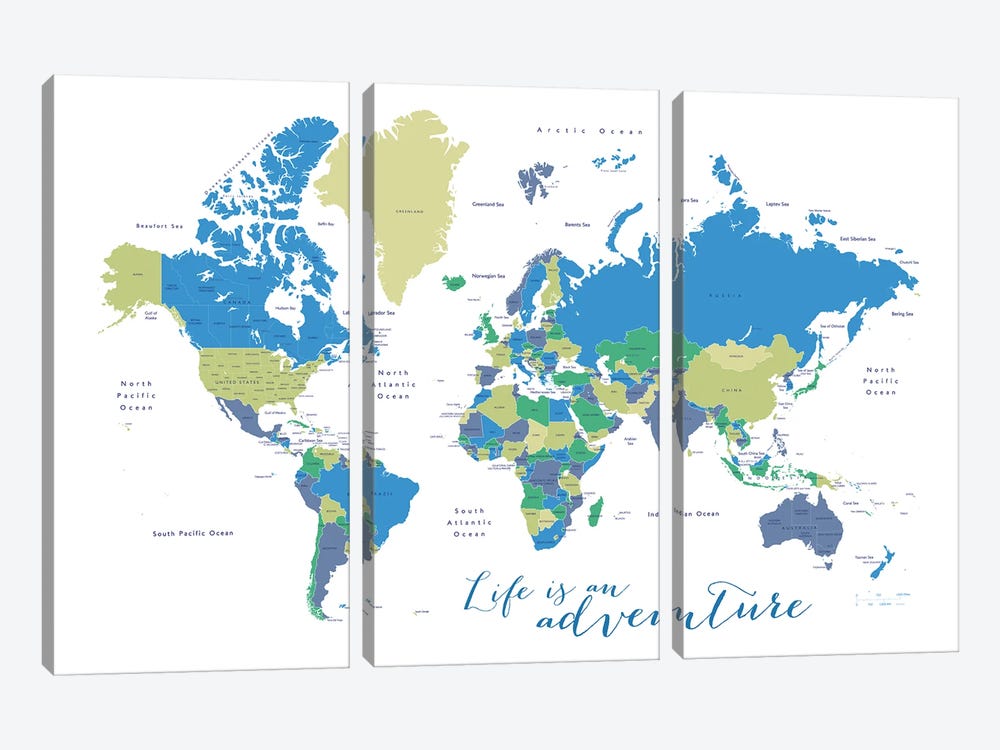 Life Is An Adventure World Map In Green And Blue by blursbyai 3-piece Canvas Art