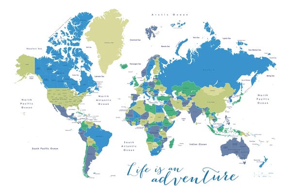 Globes: Life Is An Adventure World Map In Green And Blue by blursbyai