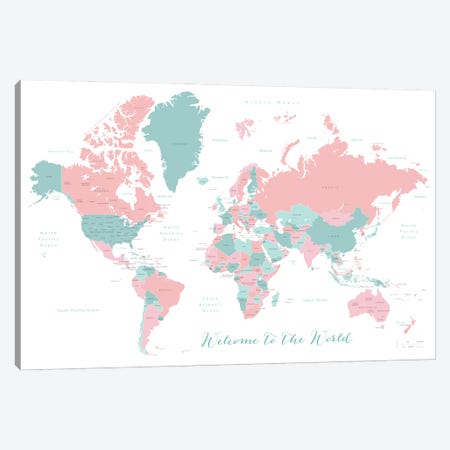Welcome To The World World Map In Coral And Teal Canvas Print #RLZ164} by blursbyai Canvas Art Print