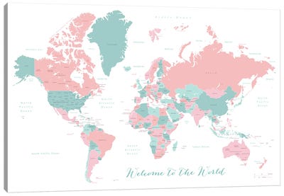 Welcome To The World World Map In Coral And Teal Canvas Art Print - blursbyai