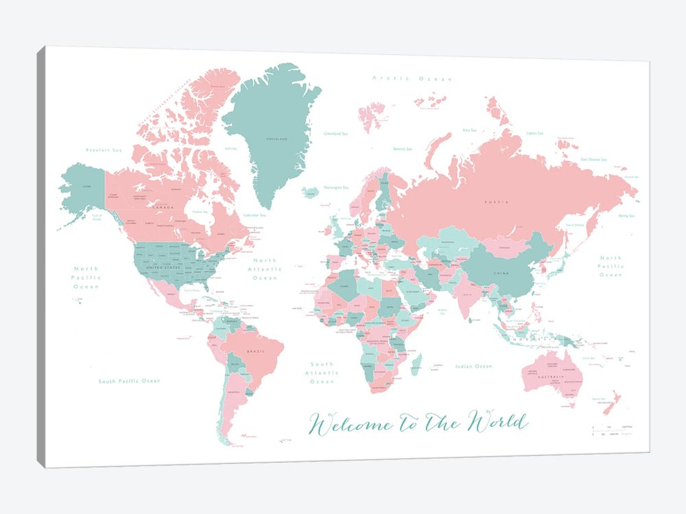 Welcome To The World World Map In Coral And Teal by blursbyai 1-piece Canvas Art Print