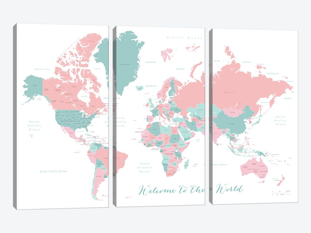 Welcome To The World World Map In Coral And Teal by blursbyai 3-piece Canvas Print