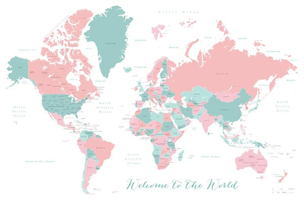 Globes: Welcome To The World World Map In Coral And Teal by blursbyai