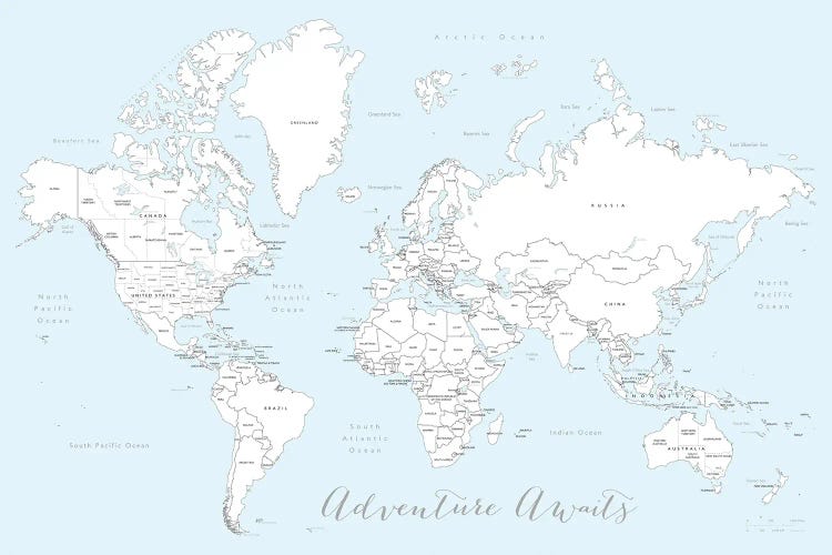 Adventure Awaits World Map In Baby Blue And White