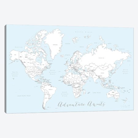 Adventure Awaits World Map In Baby Blue And White Canvas Print #RLZ165} by blursbyai Art Print