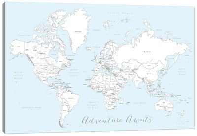 Adventure Awaits World Map In Baby Blue And White Canvas Art Print - blursbyai