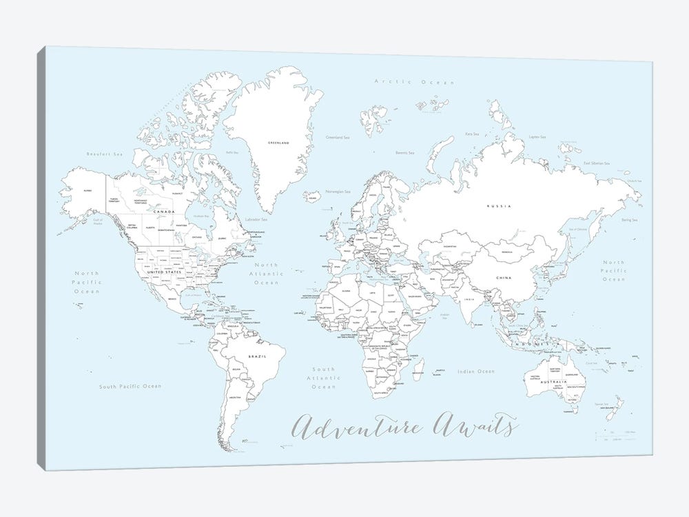 Adventure Awaits World Map In Baby Blue And White by blursbyai 1-piece Canvas Artwork