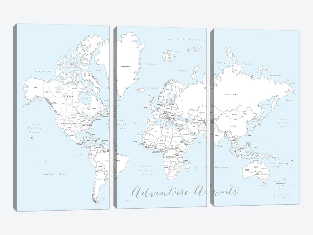 Adventure Awaits World Map In Baby Blue And White by blursbyai 3-piece Canvas Artwork