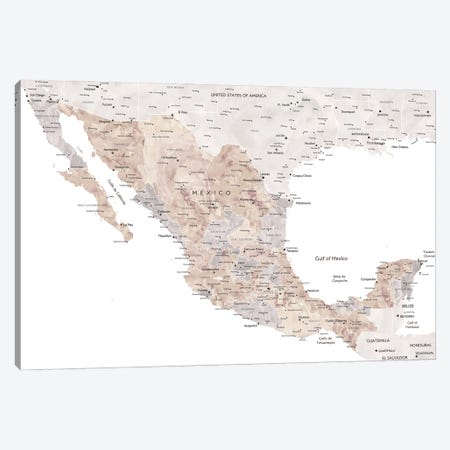 Detailed Watercolor World Map Of Mexico With Cities Canvas Print #RLZ166} by blursbyai Canvas Print
