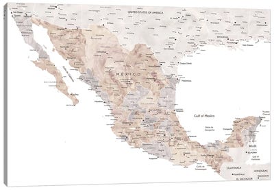 Detailed Watercolor World Map Of Mexico With Cities Canvas Art Print - Mexico Art