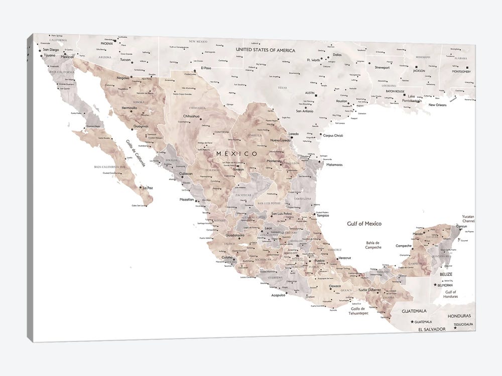 Detailed Watercolor World Map Of Mexico With Cities by blursbyai 1-piece Art Print