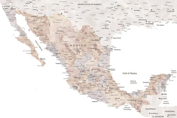Maps: Detailed Watercolor World Map Of Mexico With Cities by blursbyai
