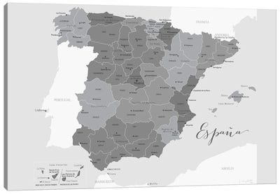 Gray Map Of Spain With Provinces And Province Capitals Canvas Art Print - Spain Art