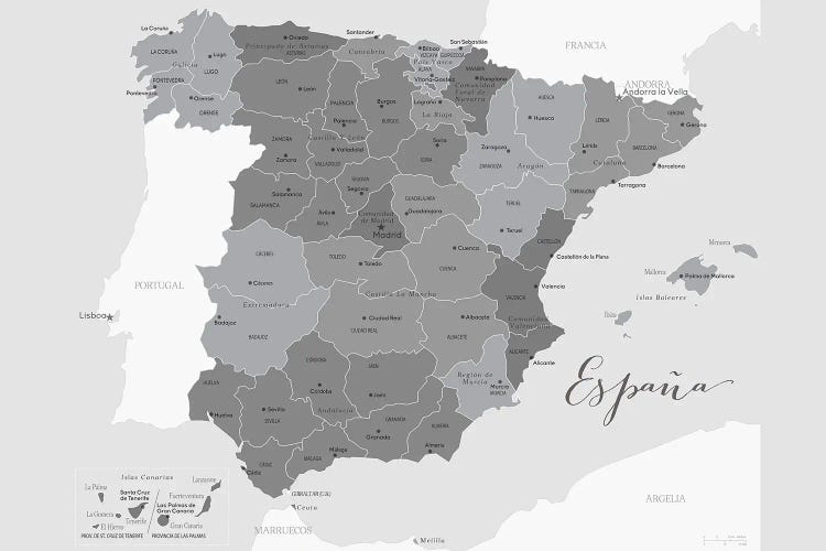 Gray Map Of Spain With Provinces And Province Capitals