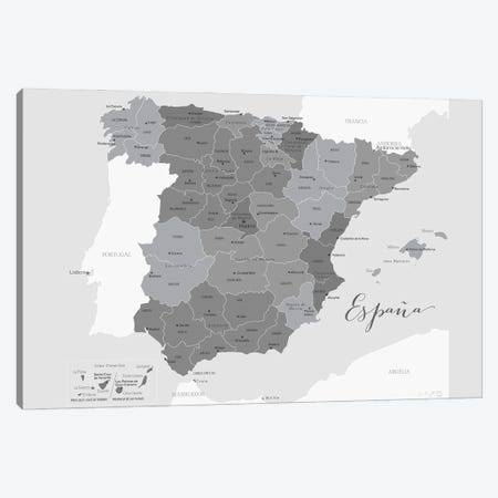 Gray Map Of Spain With Provinces And Province Capitals Canvas Print #RLZ168} by blursbyai Canvas Wall Art