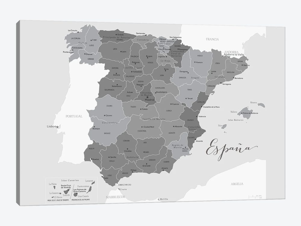 Gray Map Of Spain With Provinces And Province Capitals by blursbyai 1-piece Canvas Art Print