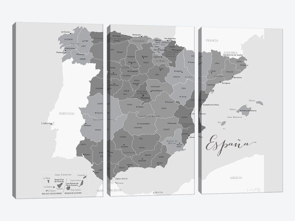 Gray Map Of Spain With Provinces And Province Capitals by blursbyai 3-piece Canvas Art Print