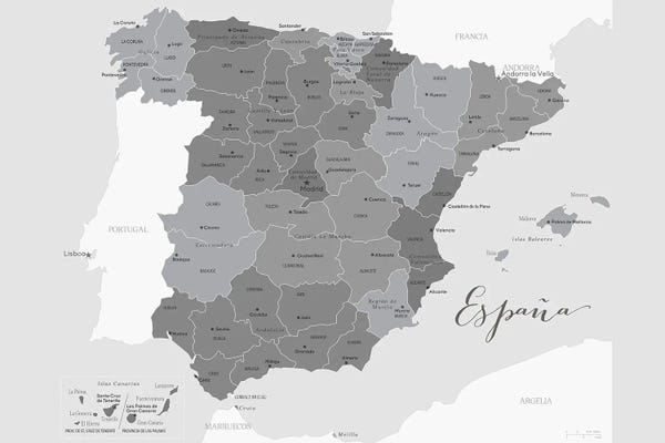 Spain: Gray Map Of Spain With Provinces And Province Capitals by blursbyai