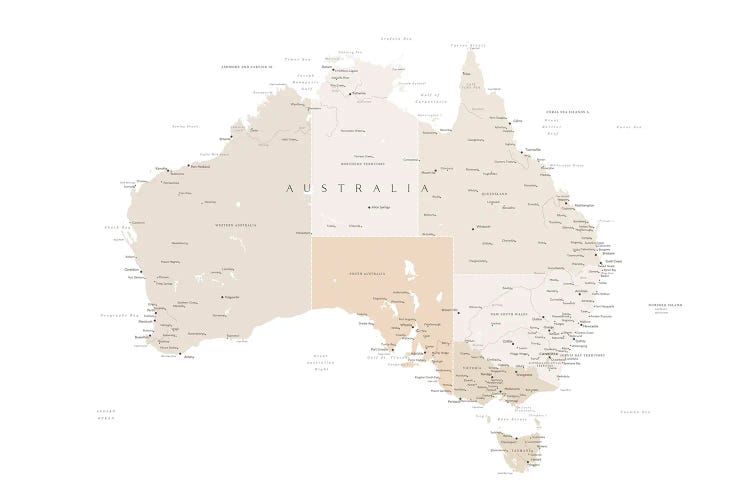 Map Of Australia With Cities In Light Brown