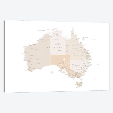 Map Of Australia With Cities In Light Brown Canvas Print #RLZ169} by blursbyai Canvas Artwork
