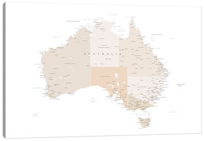 Map Of Australia With Cities In Light Brown Canvas Art Print - blursbyai