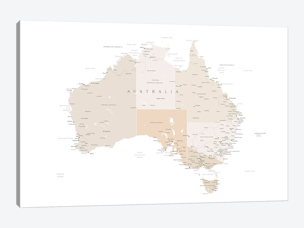 Map Of Australia With Cities In Light Brown by blursbyai 1-piece Canvas Art