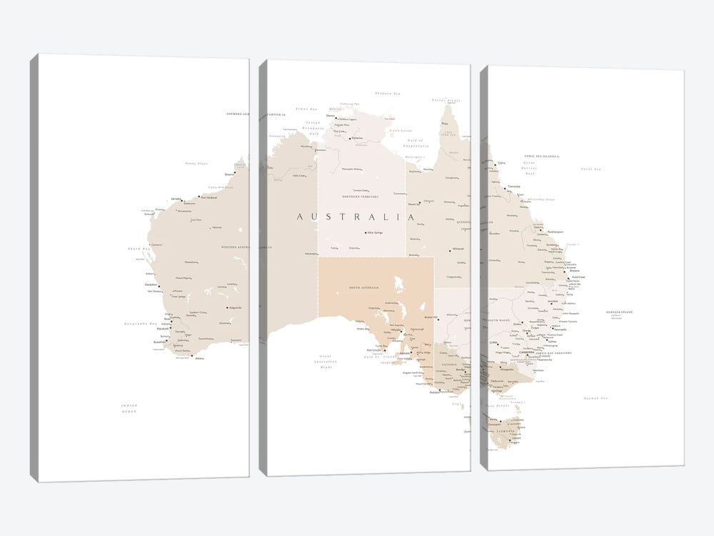 Map Of Australia With Cities In Light Brown by blursbyai 3-piece Canvas Art